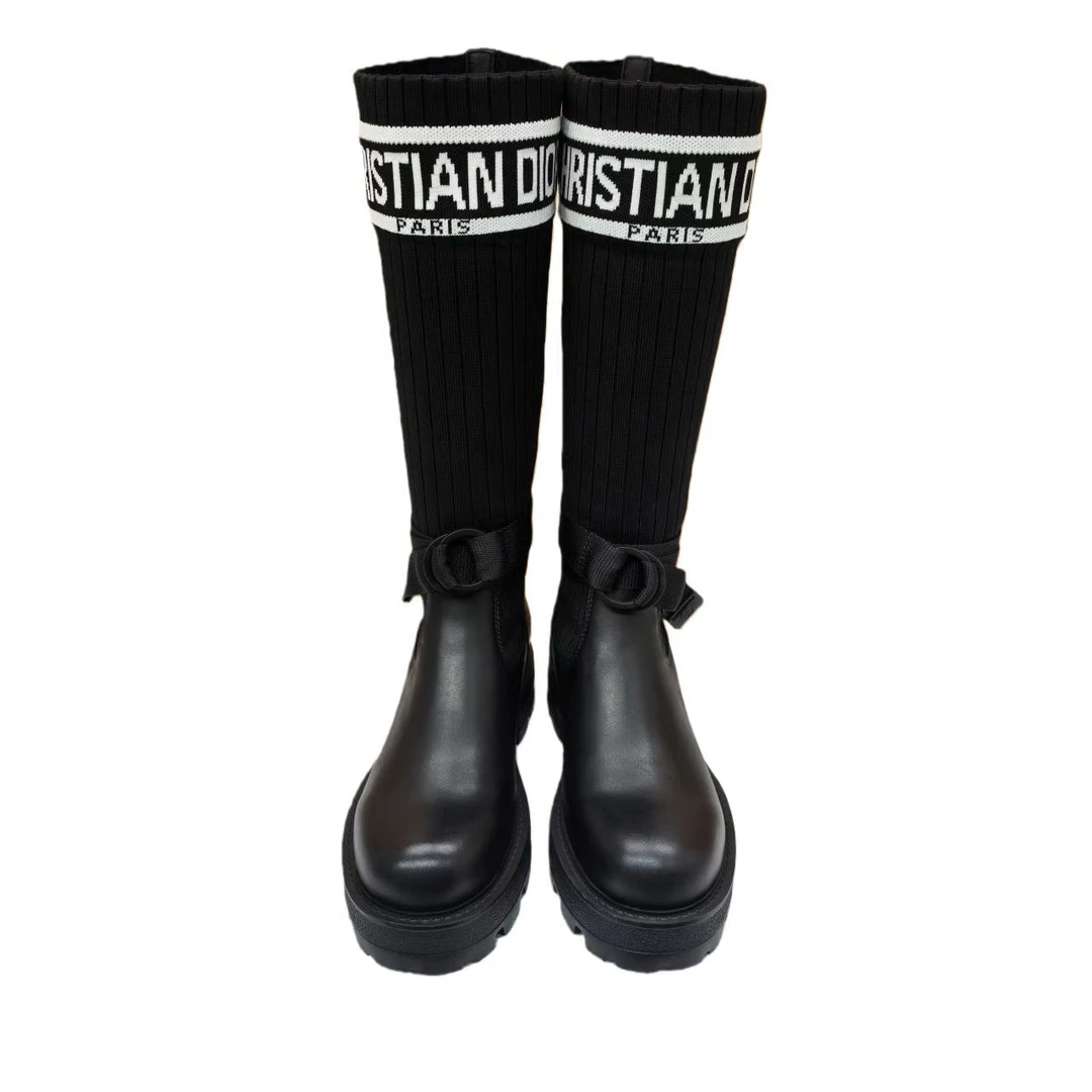 D秋冬短筒中筒平跟圆头马丁靴时尚黑色休闲弹力靴