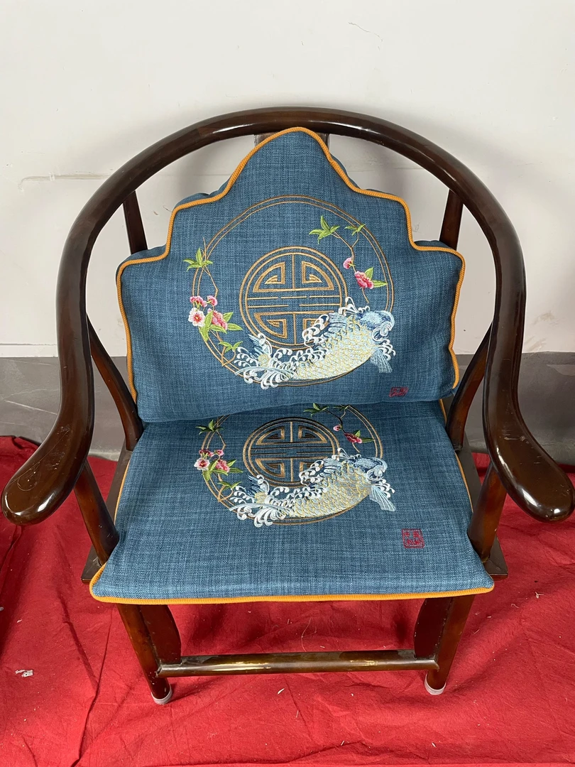 新中式红木圈椅官帽椅茶椅通用靠山枕云朵枕刺绣款棉麻面料
