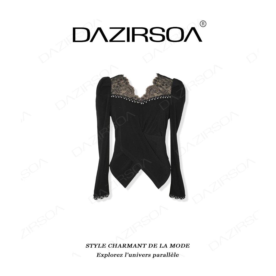 DAZIRSOA/达姿“光阴微澜”时尚百搭拼接烫钻V领蕾丝洋气上衣 W922