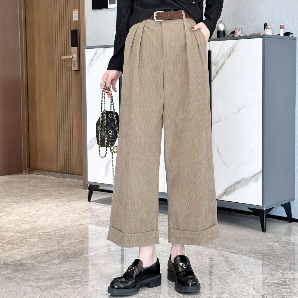 年终大促 时尚宽松洋气百搭灯芯绒裤脚翻边阔腿休闲裤JL3379