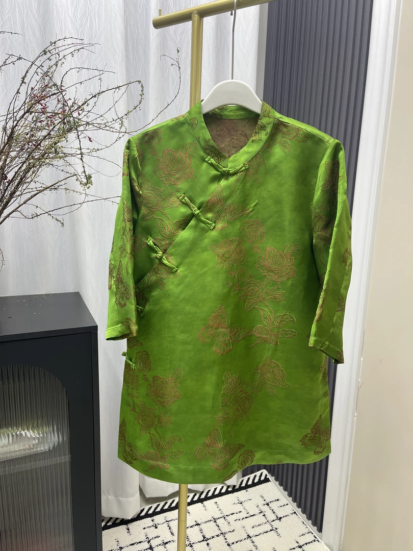 薄款立领提花复古刺绣人丝夏季唐装网红黄色绿色气质ins上衣
