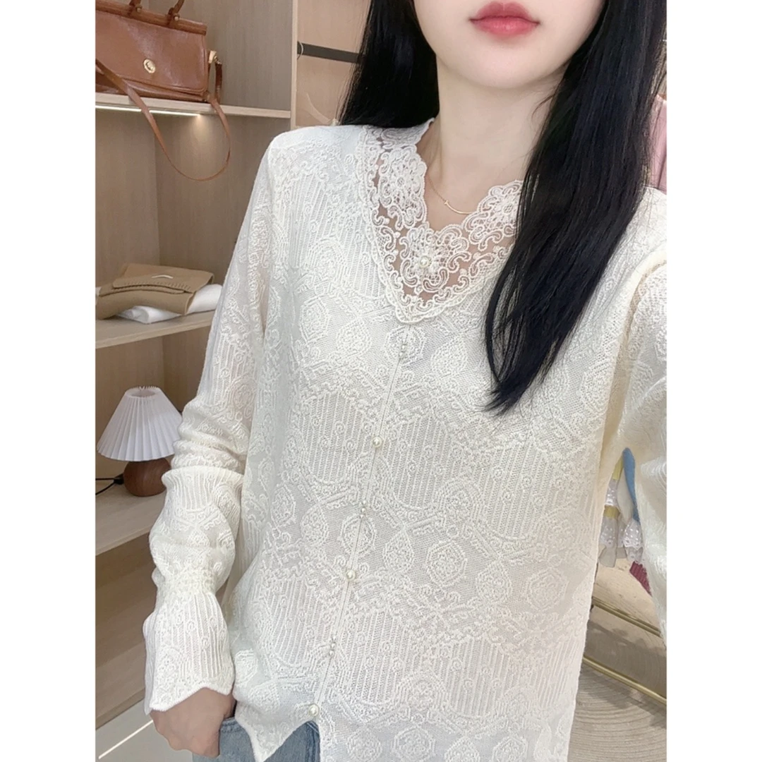 加厚套头V领蕾丝款长袖针织打底衫内搭百搭洋气时尚浮雕勾花
