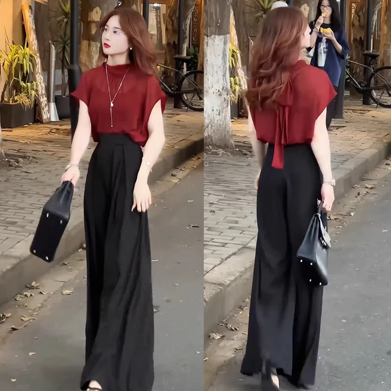 拉夏贝尔时尚阔腿裤套装女2025夏季新款设计感小众范气质两件套