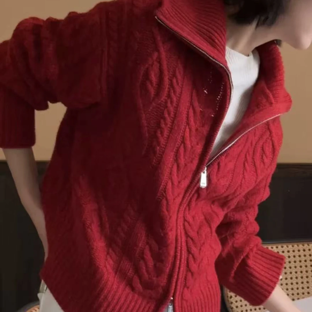 25秋冬立领高领麻花双拉链复古针织开衫6917