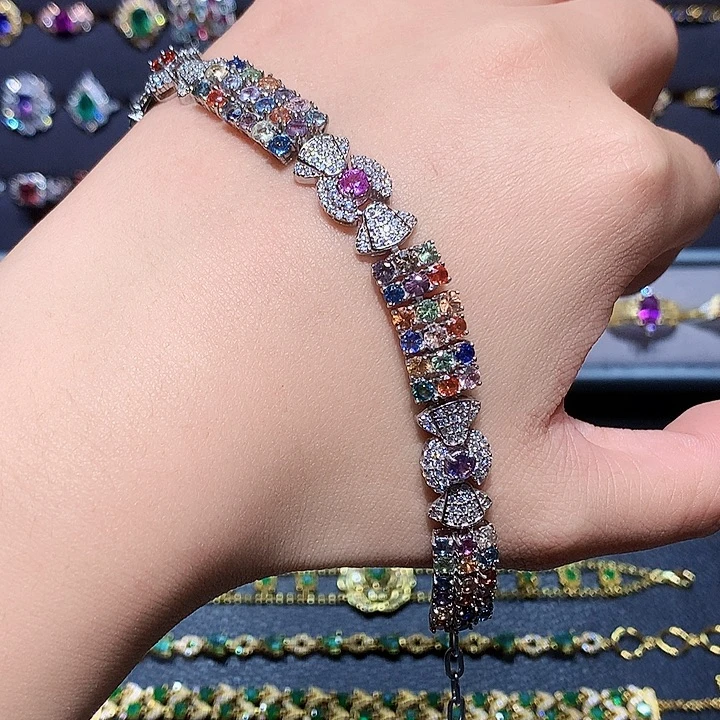 手链彩色蓝宝石银S925镶嵌