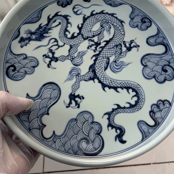 6***4瓷片白青花龙文大茶盘全品