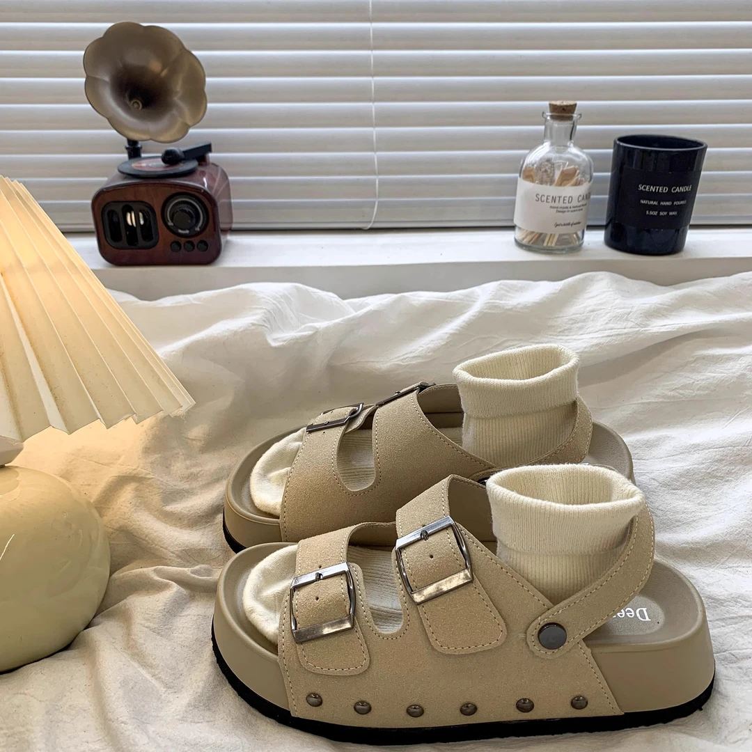 【万象撤柜】复古罗马凉鞋女夏外穿2025新款小个子厚底休闲勃肯凉拖