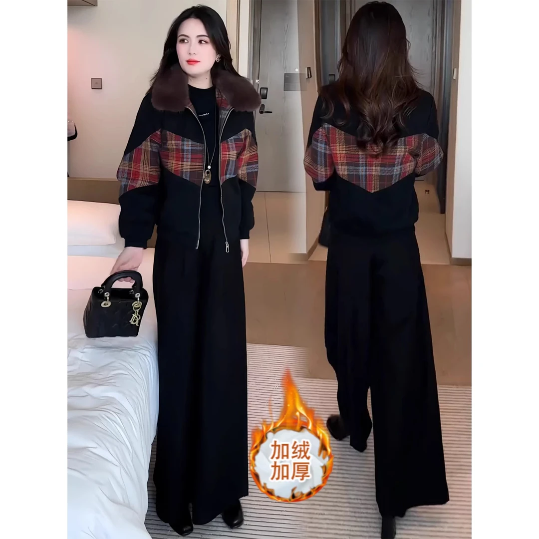 拉夏贝尔时尚气质短款外套女士秋冬2025新款加绒夹克格纹长袖上衣