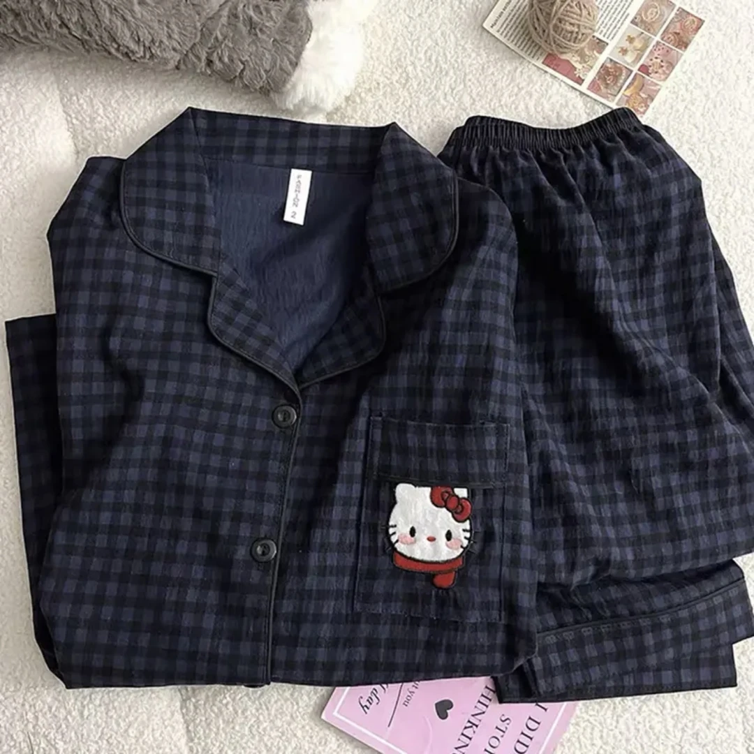 春季新款条纹猫咪睡衣女翻领长袖动漫卡通可外穿休闲家居服套装