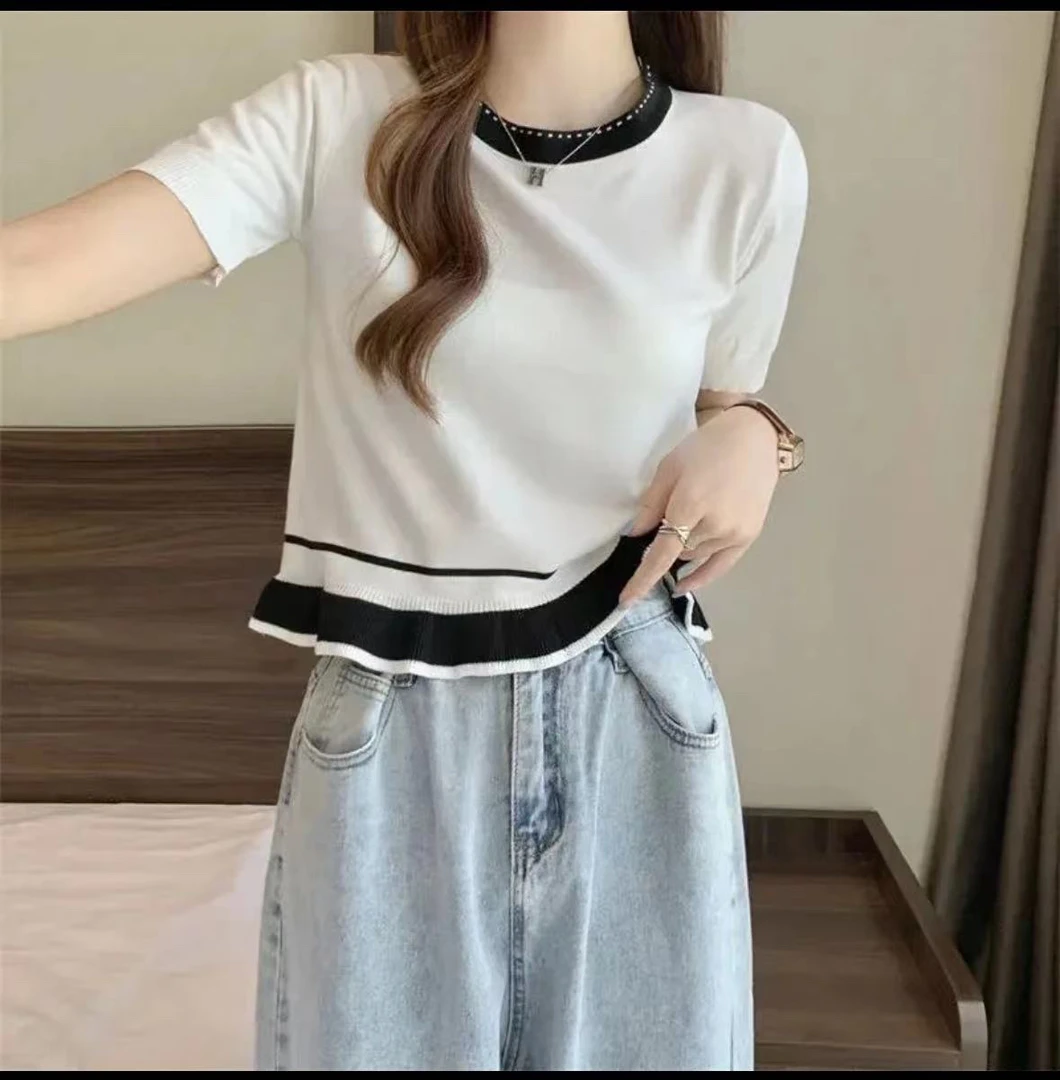 邹先森2700-30女装薄款宽松撞色上衣套头款短袖短款夏季显瘦圆领