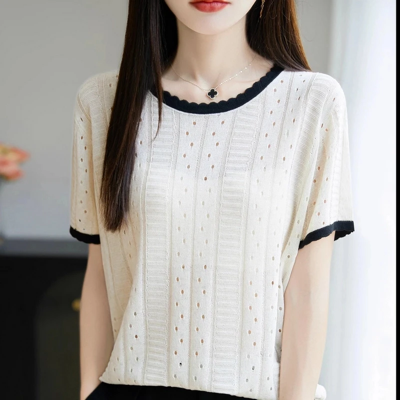 天丝亚麻小镂空圆领针织短袖 透气不闷热晾感显瘦百搭