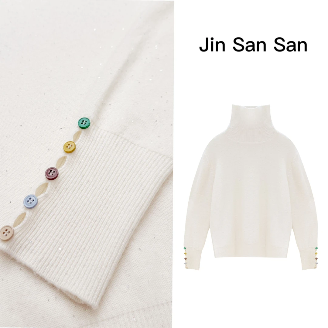 金三三【暖映珠辉】2025新款时尚百搭星空袖扣高领羊毛衫H6202