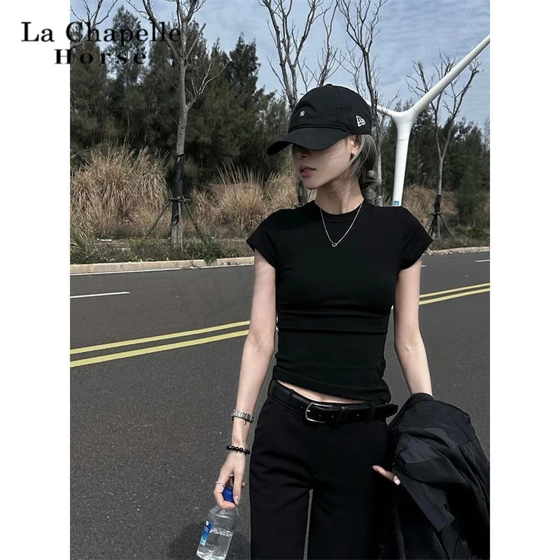 美式辣妹黑色正肩短袖T恤女夏季修身显瘦独特别致紧身短款上衣潮