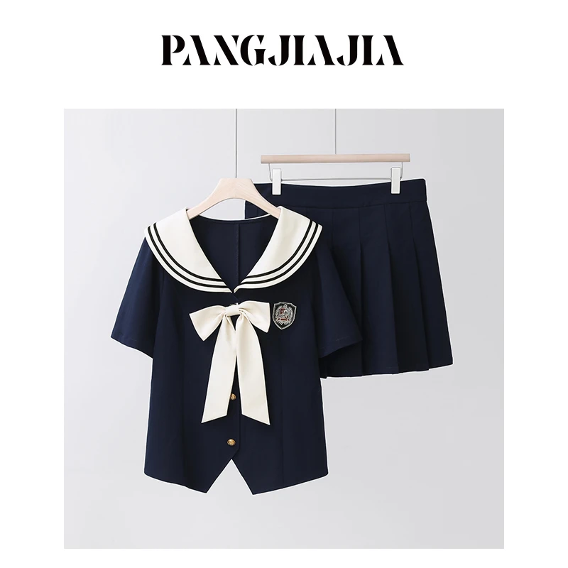 【胖佳佳】毕业季 海军领短袖上衣百褶半裙学院风两件套H624A08383