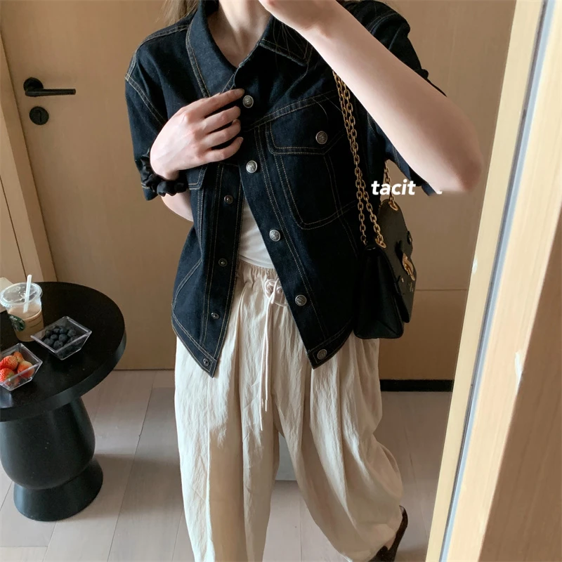 春夏2025新款韩版宽松百搭短款夹克休闲上衣深蓝色短袖牛仔外套女