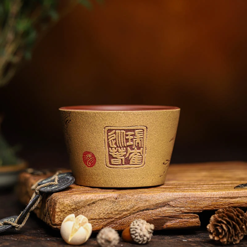 丨九斋松鹤延年 粉浆双色高斗笠全手工紫砂杯