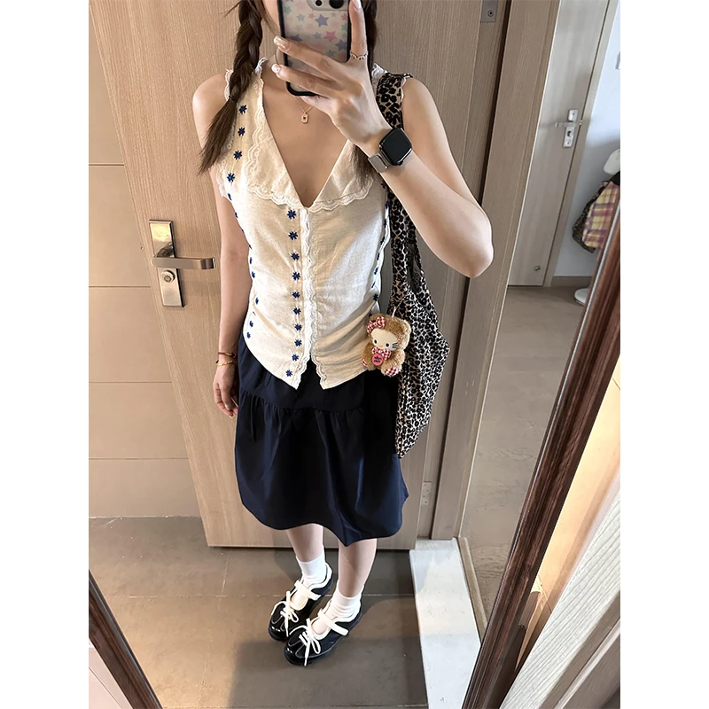 甜美可爱风格衣服法式花边刺绣无袖背心上衣夏季高腰显瘦半身裙