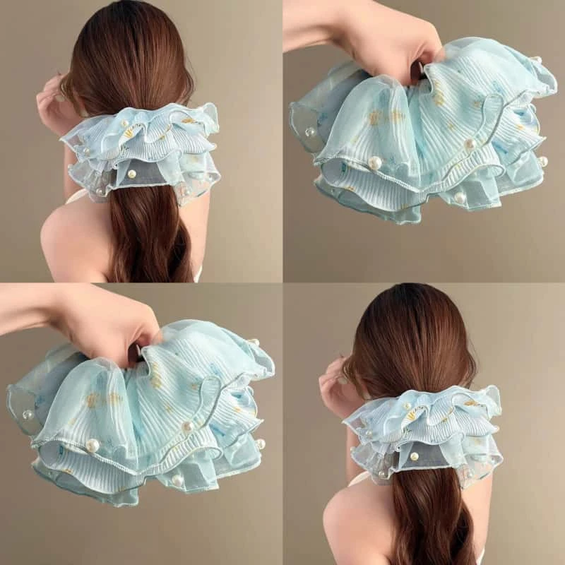 幽兰香茗~紫韵碎花网纱发圈女高级感优雅气质珍珠头圈发绳盘发器