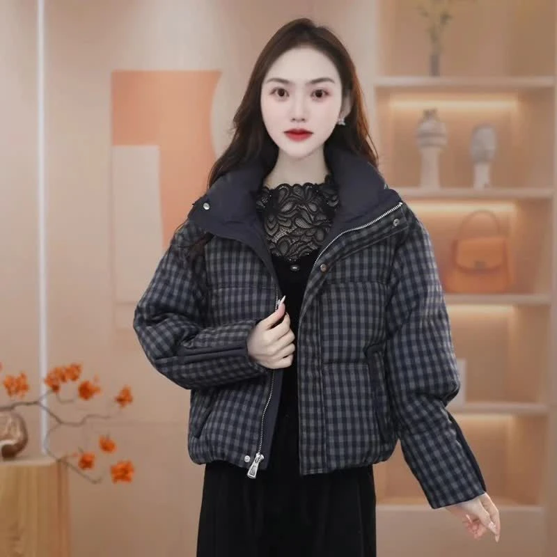 LW2025冬季新款显瘦洋气时尚格子保暖短款韩版棉服外套休闲立领