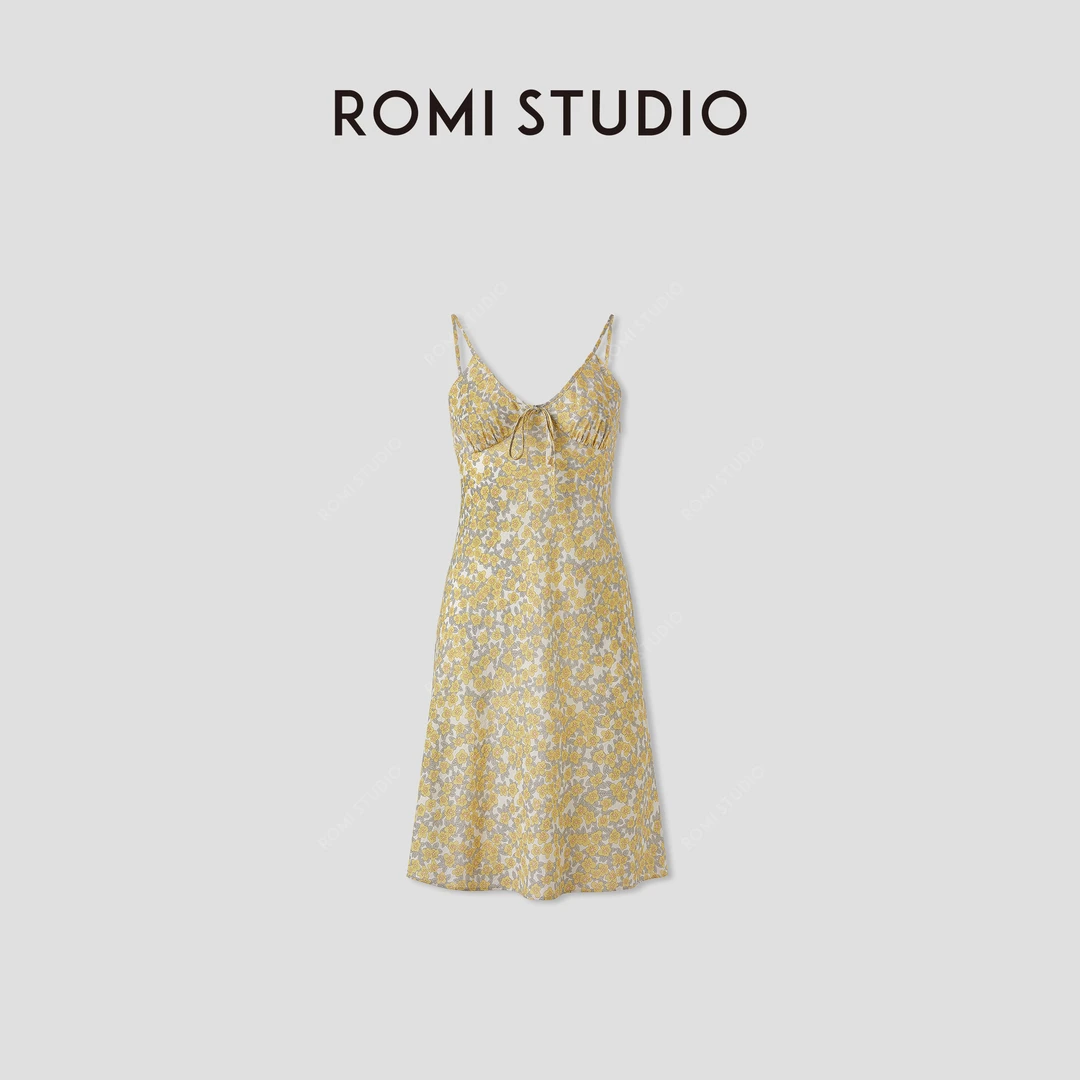 ROMI STUDIO“莫奈花园”亚麻天丝混纺法式碎花连衣裙 RWCRLY3860