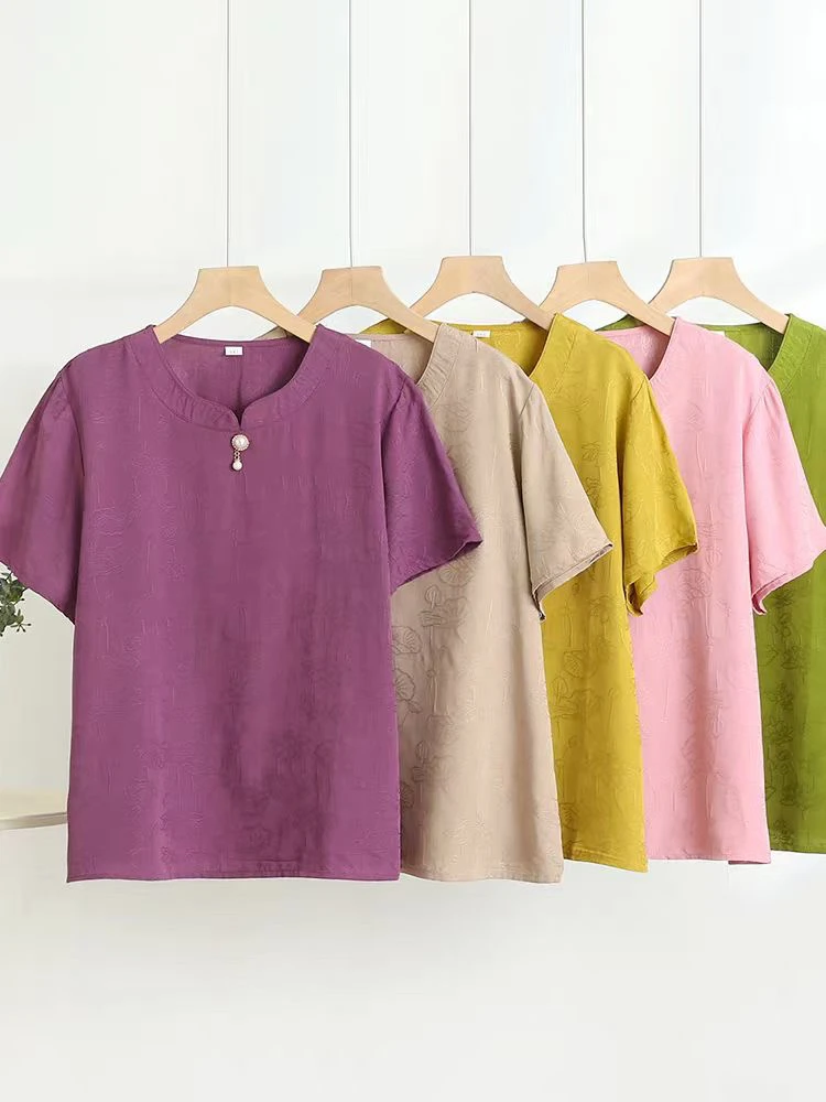 提花绵绸短袖夏季新款短袖圆领衫妈妈衫凉快不粘身人造棉上衣女T