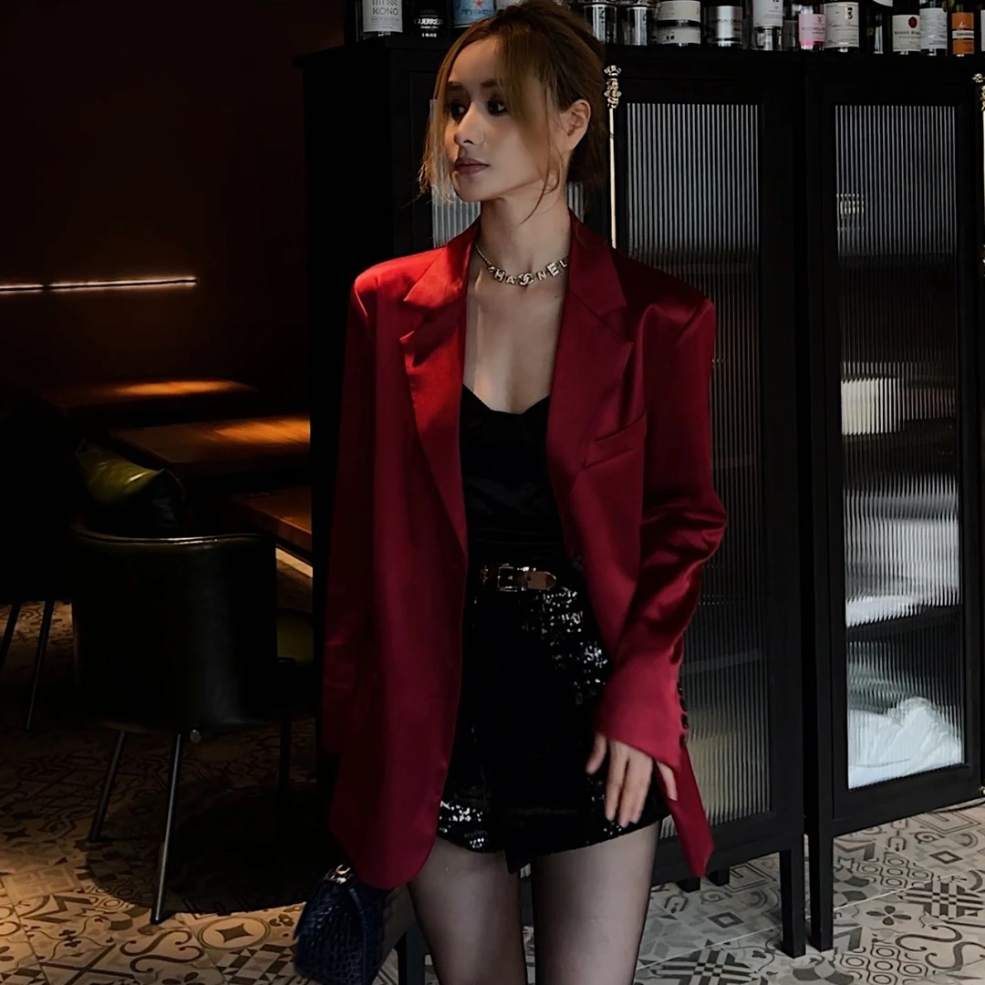 女士缎面醋酸黑色西装外套女气质名媛御姐高级感春季2025新款韩版