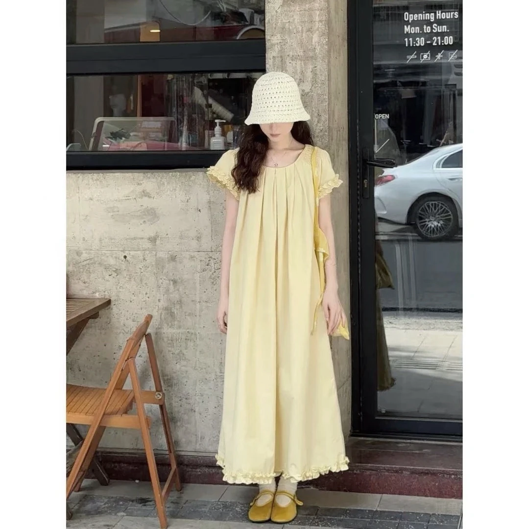 C88263-韩系温柔甜美简约拼接花边小飞袖长款连衣裙子