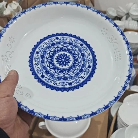 瓷玲珑青花10寸窝盘一个微瑕疵