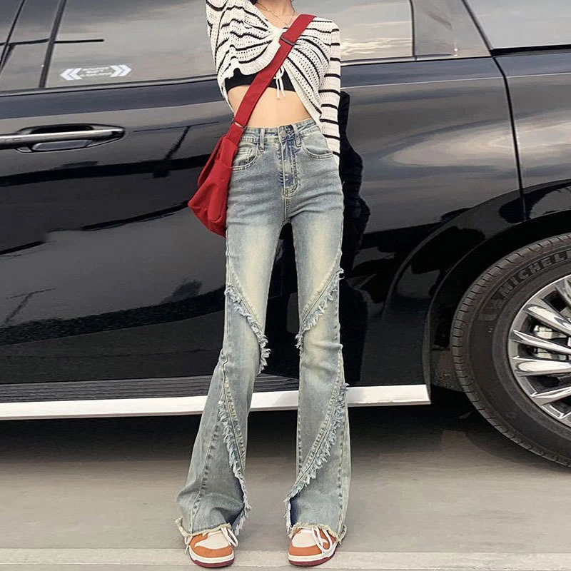毛边微喇牛仔裤女小个子美式高腰喇叭裤修身拼接怀旧复古马蹄裤子