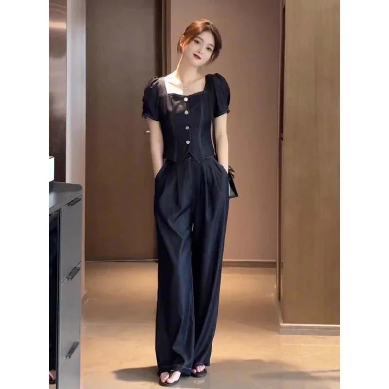 BY【两件套】2025夏款薄款气质短袖上衣显瘦阔腿休闲裤套装女D2123