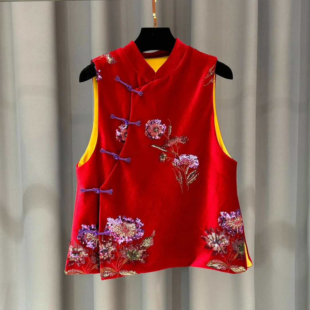 新中式国风女2026冬季新款复古盘扣重工提花刺绣立领国风马甲上衣