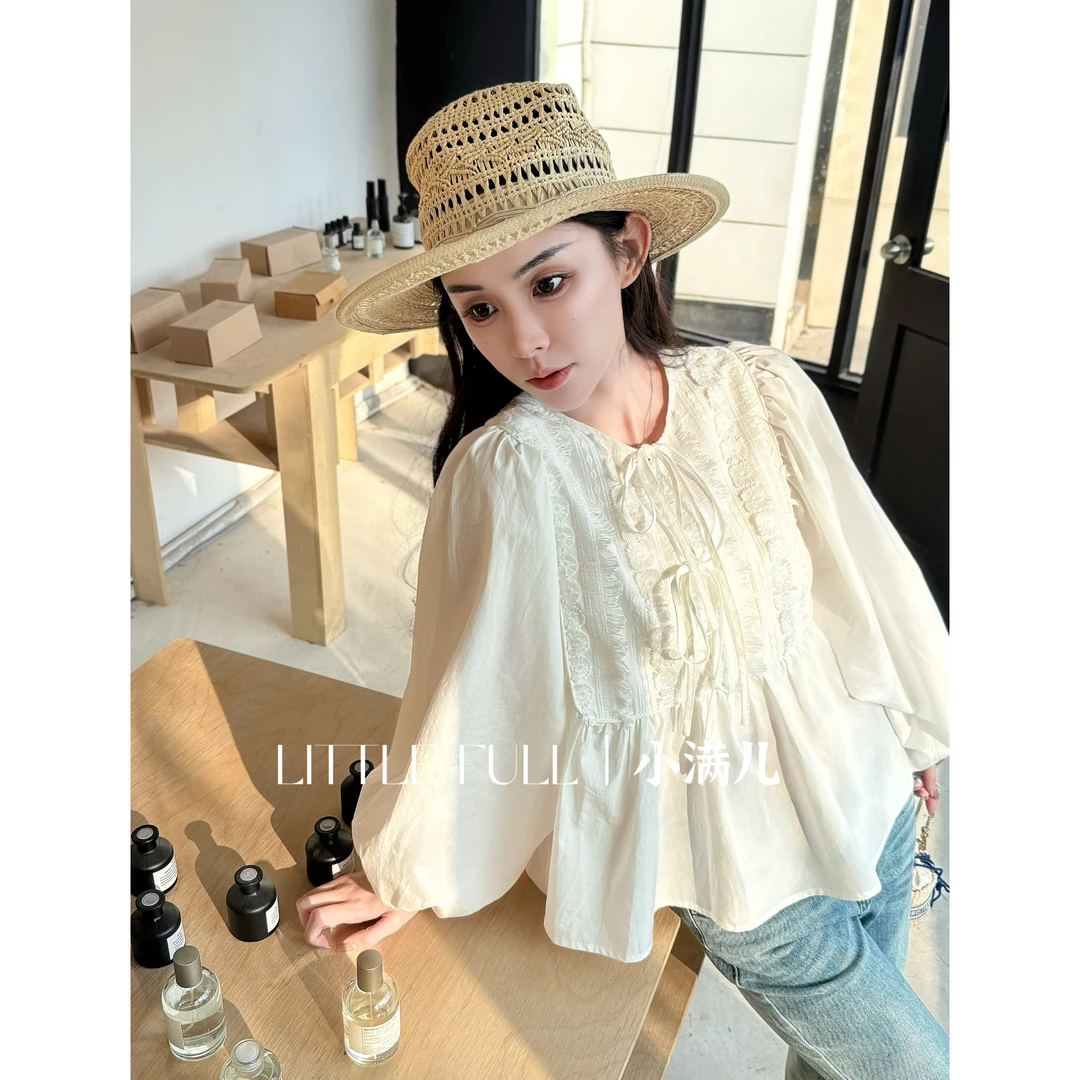 《白色梦屿》 早春重工拼接蕾丝立体绣花灯笼袖慵懒A摆上衣衬衫