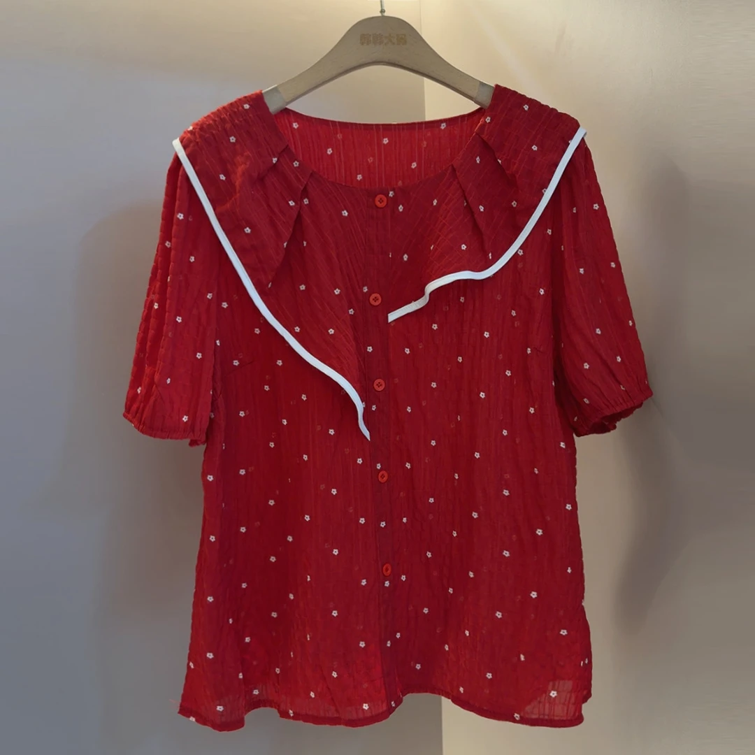 修身型常规款圆领波点短袖雪纺衫荷叶边气质韩版甜美娃娃领