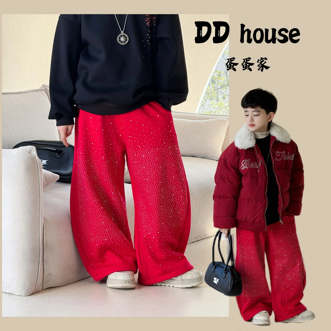 蛋蛋家【红色钻裤】122804冬季新款红色满钻加绒休闲裤