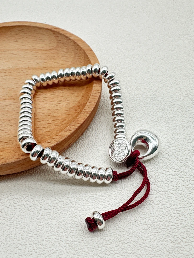 足银手镯 足银999.9手镯 百搭红绳盘缠手链简约精美实心银手串
