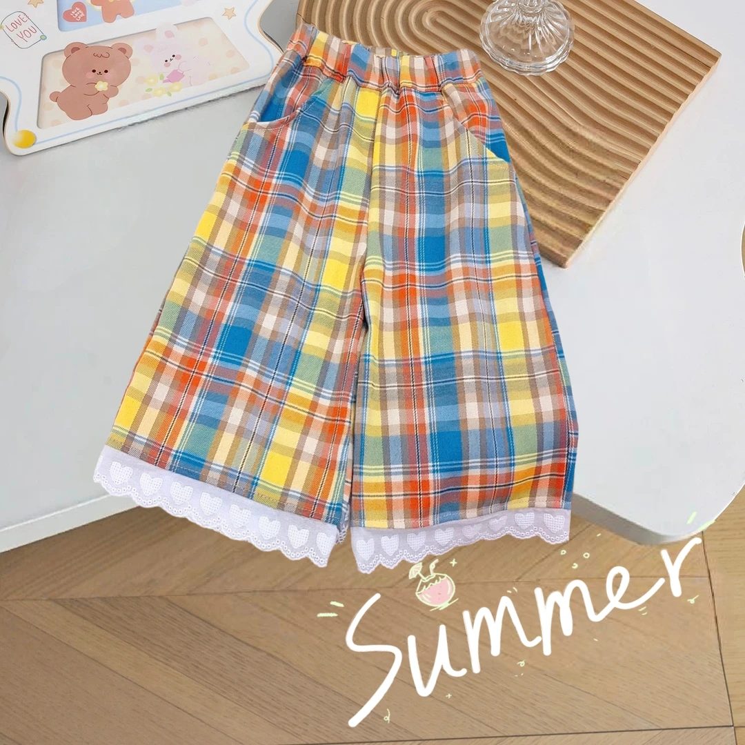 J女童夏季款时尚洋气裤口蕾丝直筒裤宝宝韩版宽松百搭格子休闲裤