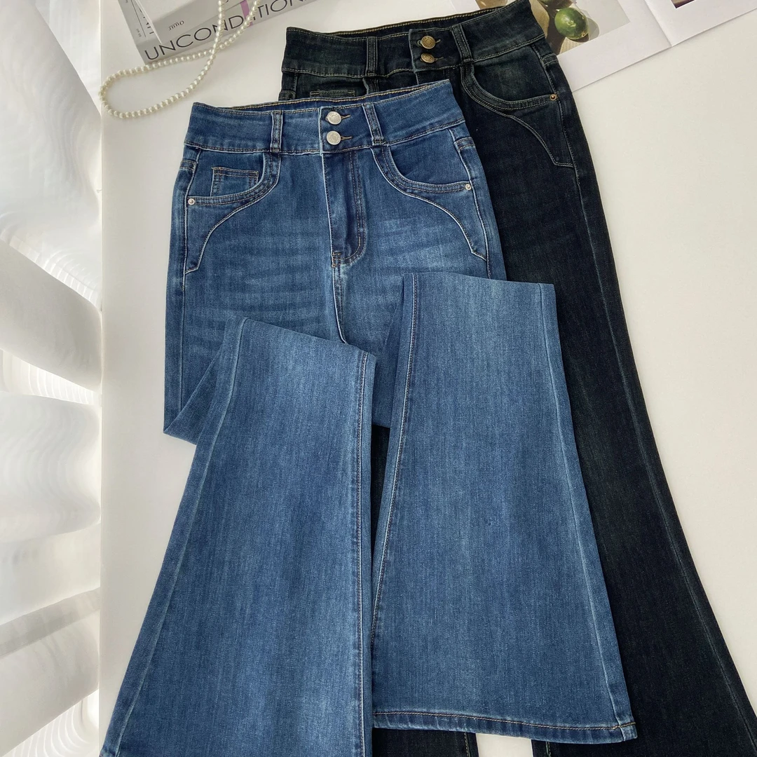 设计感高腰弹力双排扣修身不贴腿微喇裤女秋冬季显瘦小个子牛仔裤