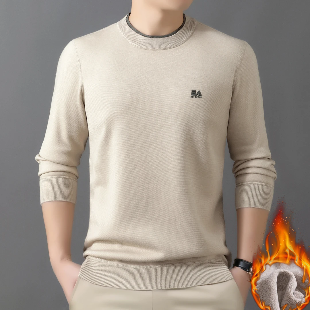 男士秋冬款圆领针织衫纯色针织衫加绒毛衣保暖打底男款男士羊毛衣