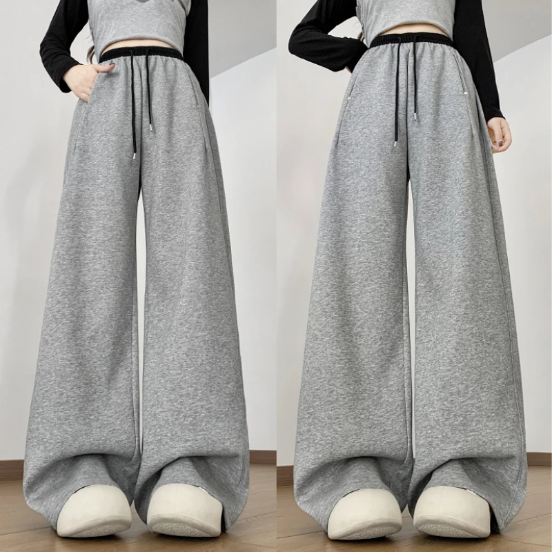 美式抽绳阔腿休闲裤女秋冬季卫裤显瘦宽松撞色腰钉扣直筒长裤子