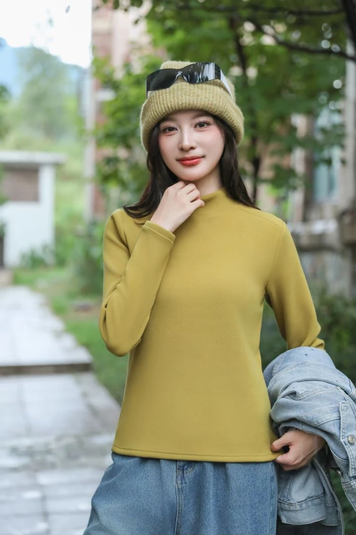 2024秋冬女新款羊毛蚕丝小立领纯色简约百搭显瘦半高领打底衫T16