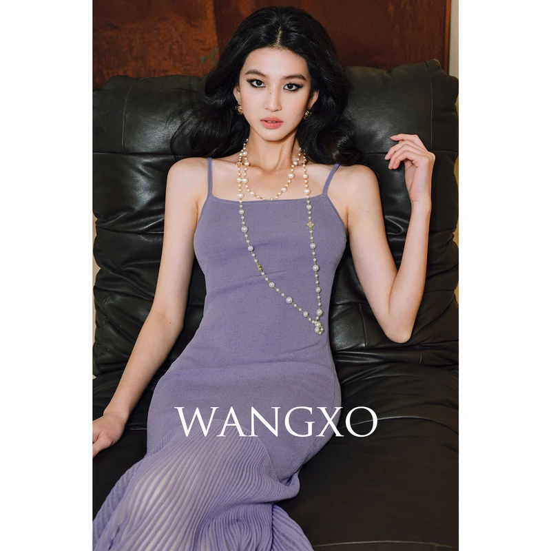 WANGXO 气质鱼尾亮丝针织吊带连衣裙253220W