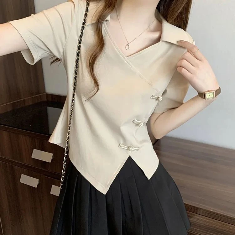 polo衫女短袖T恤v领大码胖mm正肩显瘦设计感小众新中式辣妹上衣服