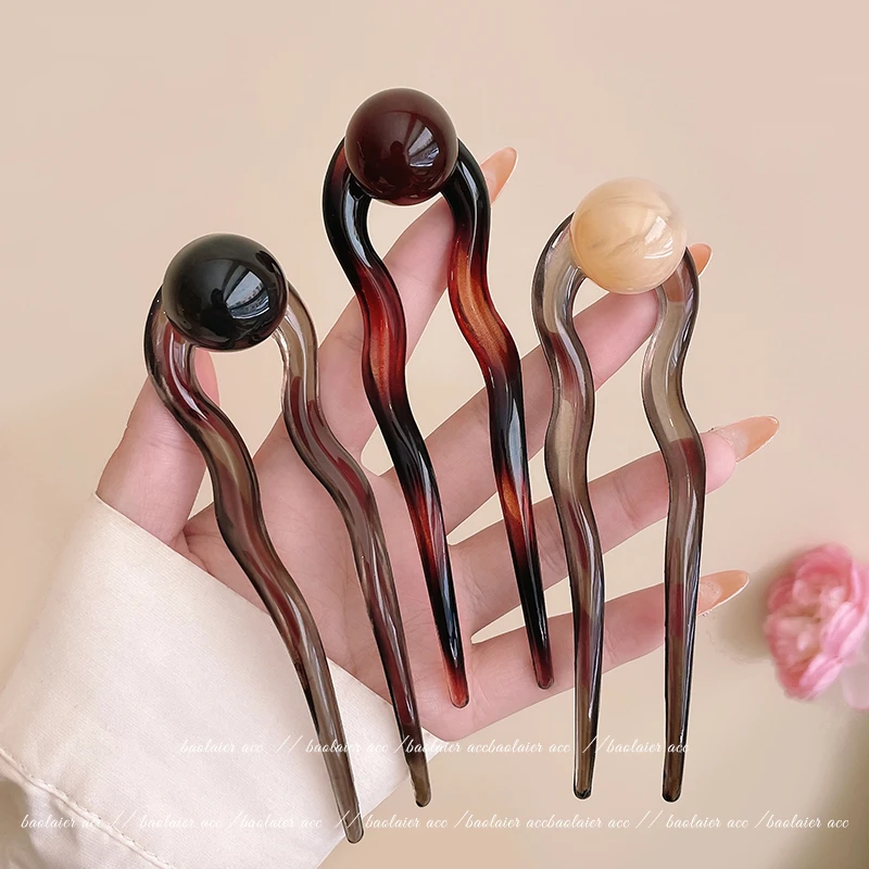 圆珠醋酸u型发簪女2025新款高级感簪子后脑勺盘发发钗丸子头发饰