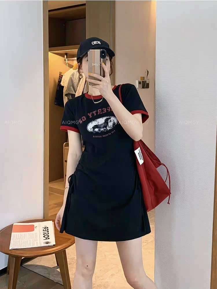 夏季新款圆领短袖撞色印花显瘦短裙连衣裙9599