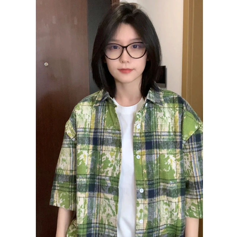 爆款夏季短袖衬衣美式复古扎染格子半袖衬衫小众上衣宽松休闲衬衣