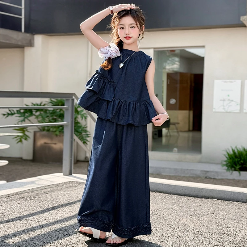 MK&DK女童夏季背心套装2025款儿童牛仔背心阔腿裤气质穿搭两件套