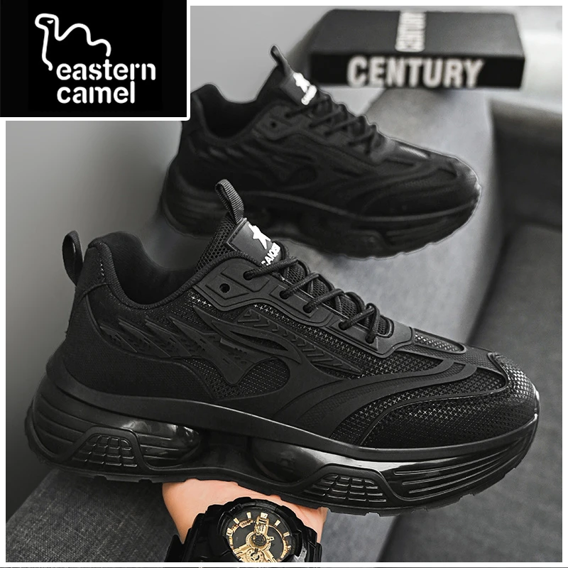 东方骆驼男鞋2025新款厚底增高老爹潮鞋青少年休闲黑色运动跑步鞋