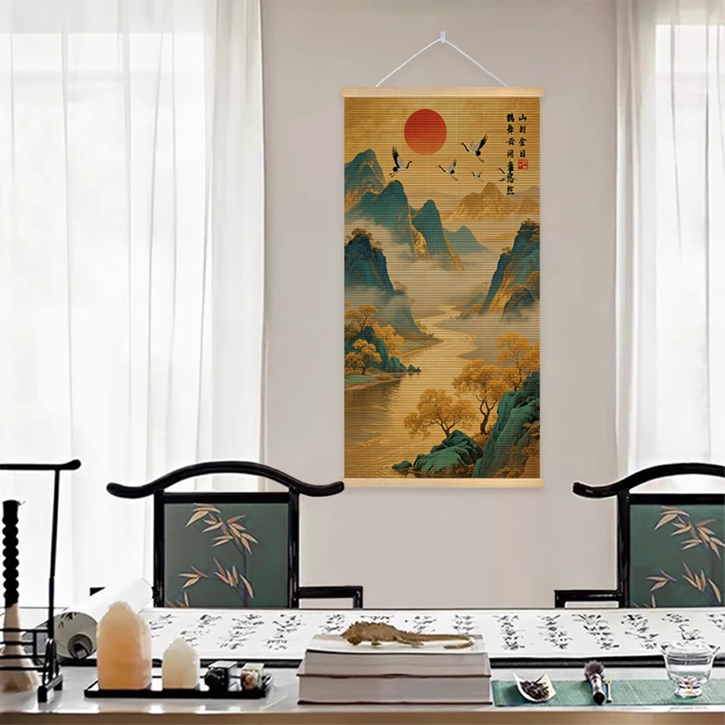 山水风景竹编装饰画客厅卧室玄关办公室墙壁挂画竖版卷轴竹艺画