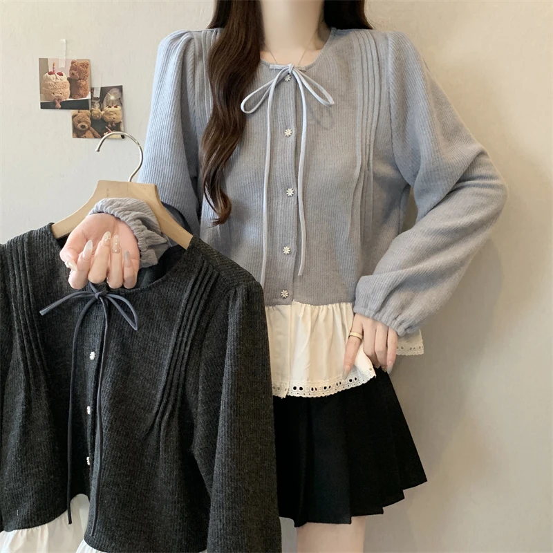 大码秋冬新款法式复古假两件设计感洋气减龄蕾丝边长袖上衣显瘦