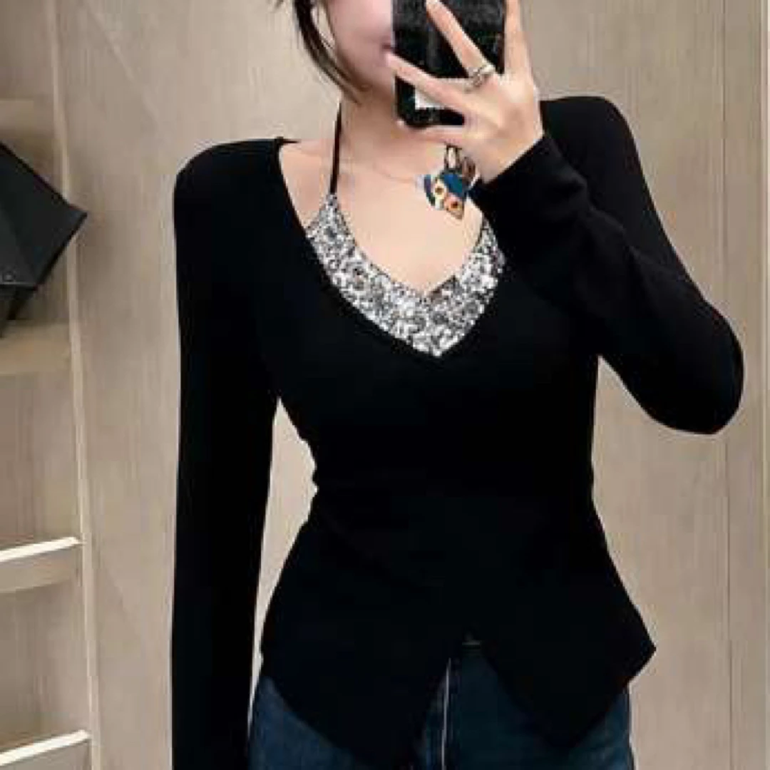 大码女装9399亮片拼接假两件挂脖纯欲风辣妹性感小衫